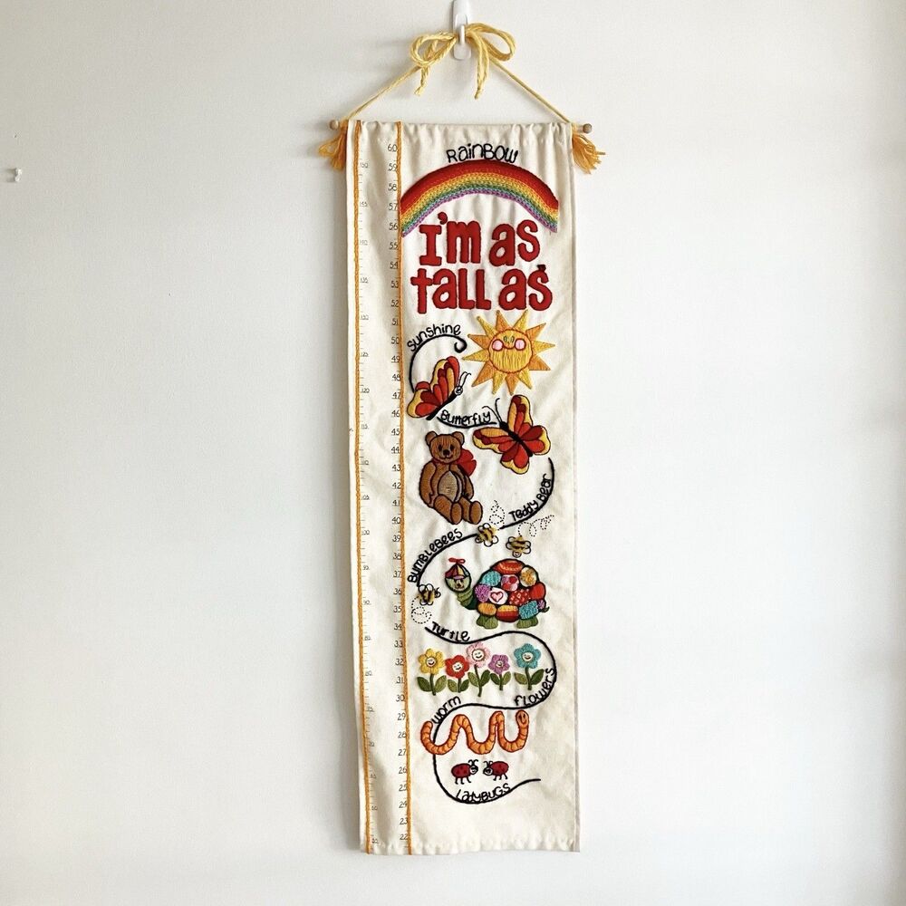 VTG 1979 Height Chart Crewel Embroidered Sunset Stitch Finished Im As Tall As